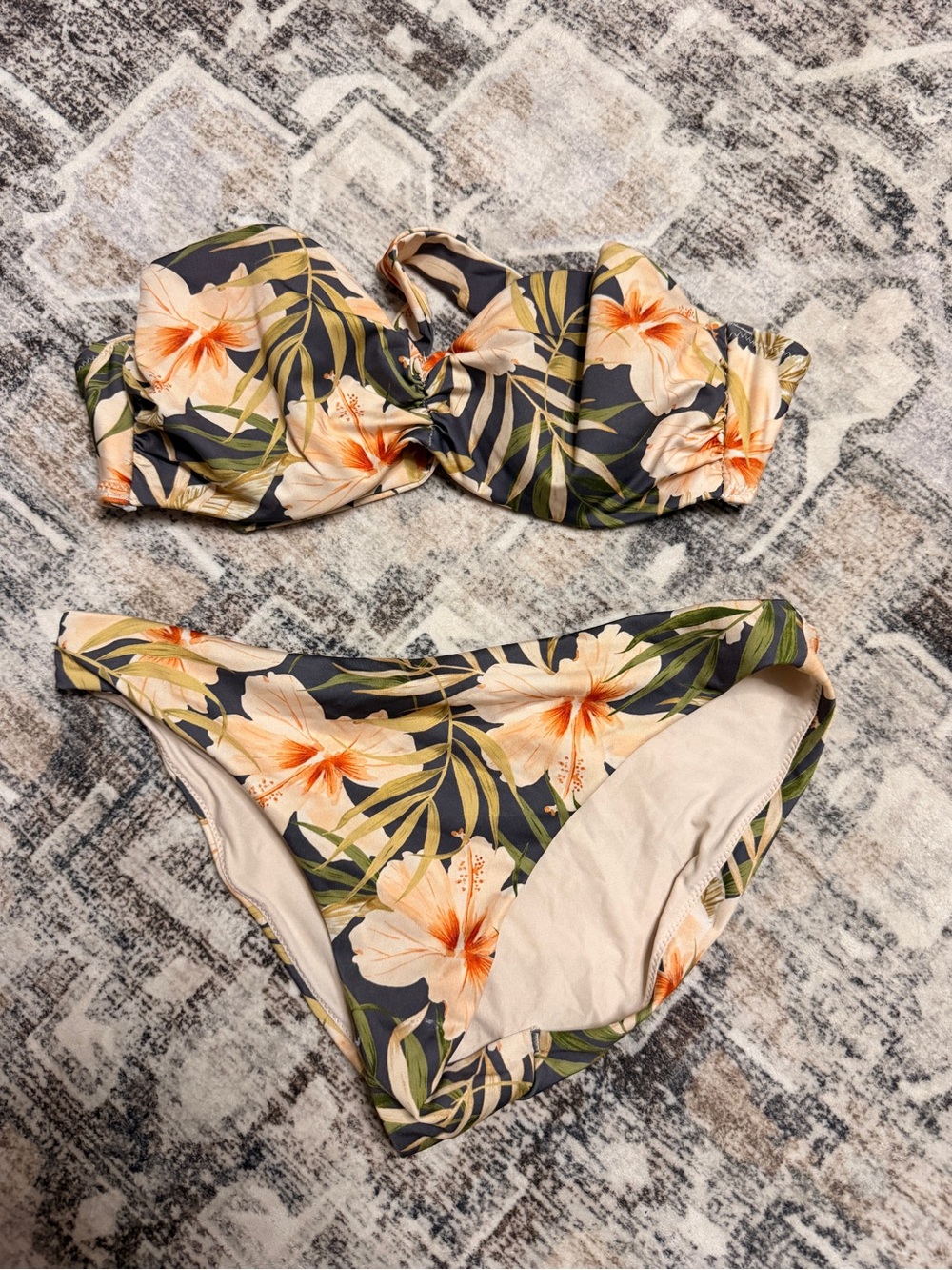 Floral Bandeau Bikini Set in Navy with Peach Hibiscus